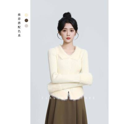 杏色翻领衣女秋冬220T2GT2F264AF264A5新款温绒柔奶系水毛貂针小