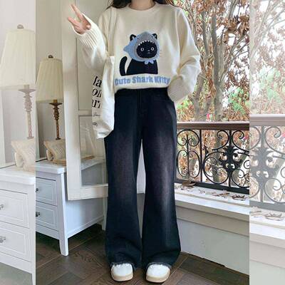 辣大尺码女条装版 复一古假字口YALUI袋直筒显瘦型好看的超须边牛