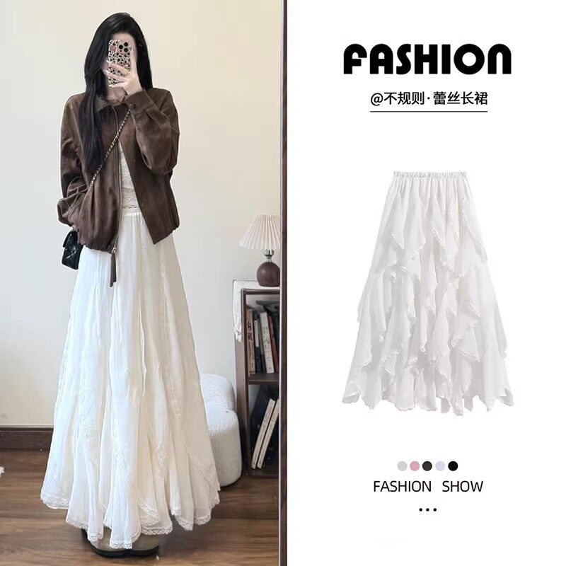 白色蕾丝花边纱裙女夏季小个子高腰显瘦不规则A字仙女半身蛋糕裙