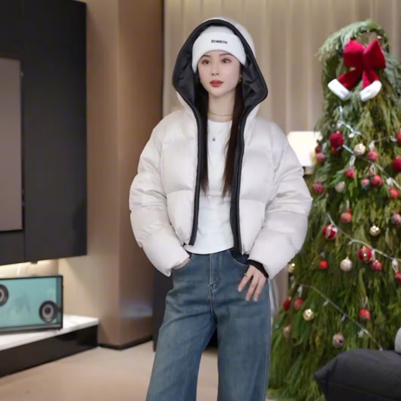 冬季新款短款连帽泡芙棉服女2025年休闲加厚保暖肯豆款面包服外套