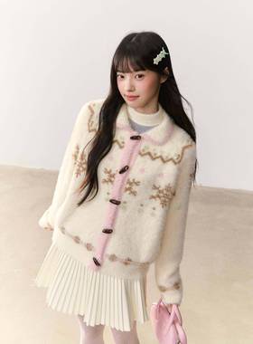 毛图muoG岛SGumo乌YQE软蘑休百闲慵懒糯搭撞色彷貂费尔雪花案开衫