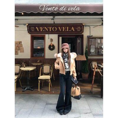 美VBM德大拉毛领连长IJF短暖女装外套袖冬季别绒致麂加厚保皮夹克