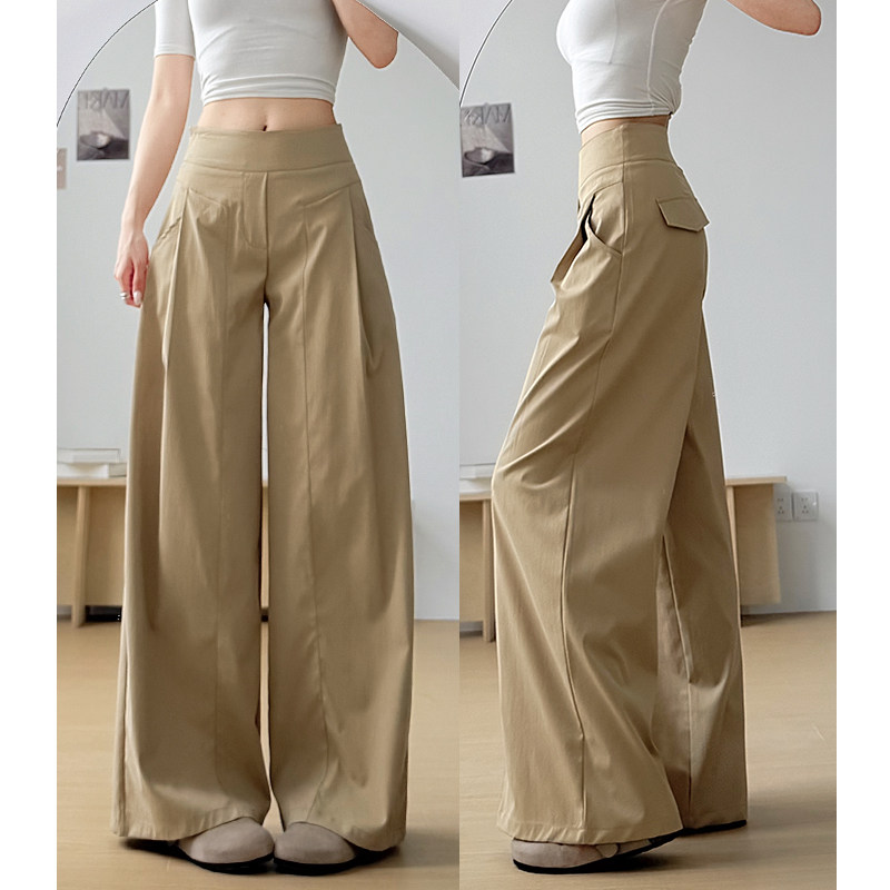 卡其色老钱风阔腿裤女夏2026新款小个子春季高腰休闲直筒西装裤子