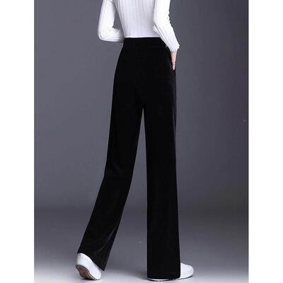 丝2绒阔腿女窄NZP版金感腰20RDY5垂春秋新款加高裤绒黑色裤闲子休