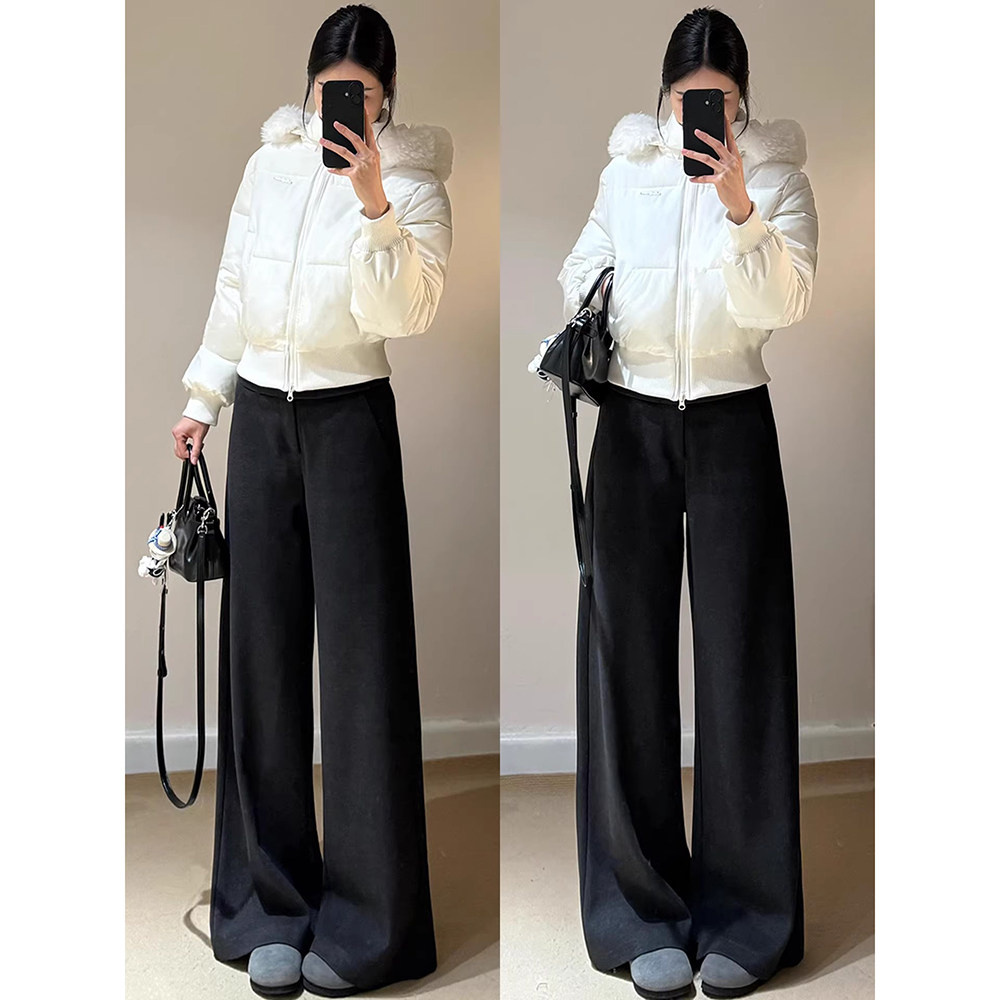 深灰色毛呢休闲西装裤女秋冬新款高腰宽松显瘦垂感加厚直筒阔腿裤