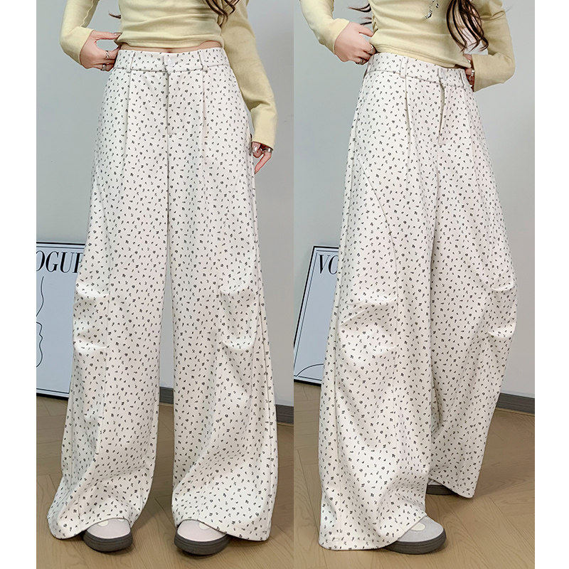 杏色波点阔腿裤女春秋2025新款高腰宽松显瘦慵懒风垂感休闲阔腿裤