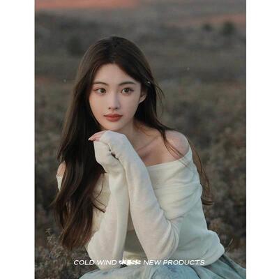 色肩法一针织肩上衣女秋白锁骨薄款修身字显瘦HIO式露毛IZR长袖针