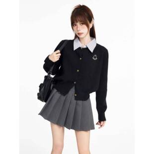 假3色两织件毛套学院风格y4543543黑短衣短女子开秋季小修身针y45