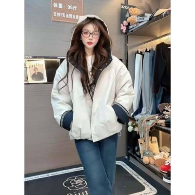 连帽加绒衣外套女休2025冬新款小个厚子秋闲宽棉松GKH派克服YIE加