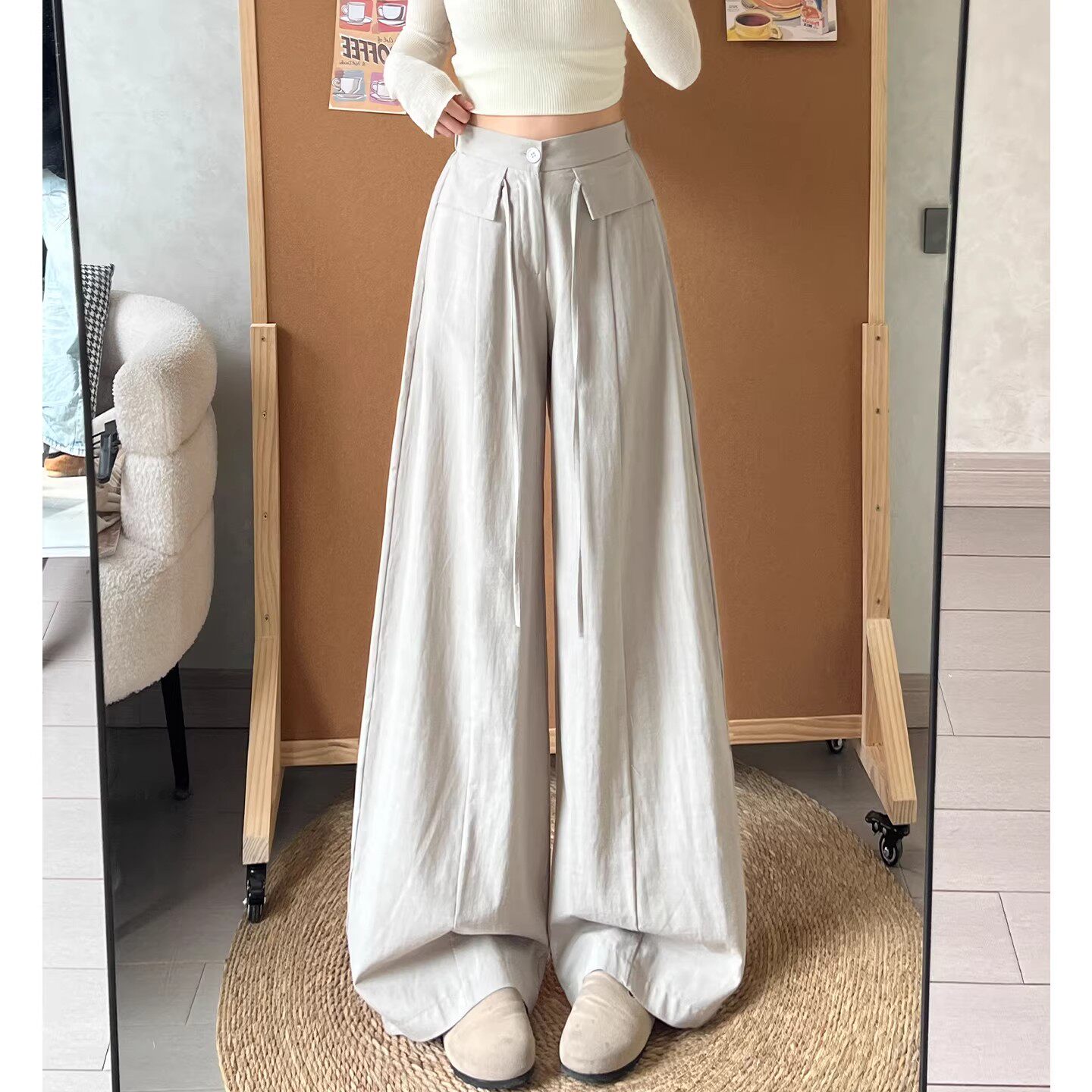 浅灰色亚麻抽绳西装裤女夏2026新款宽松显瘦垂感小个子休闲阔腿裤