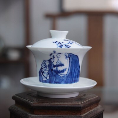 九希堂陈胜波釉下青花瓷人物画三才盖碗写意钟馗文人画泡茶碗马蹄