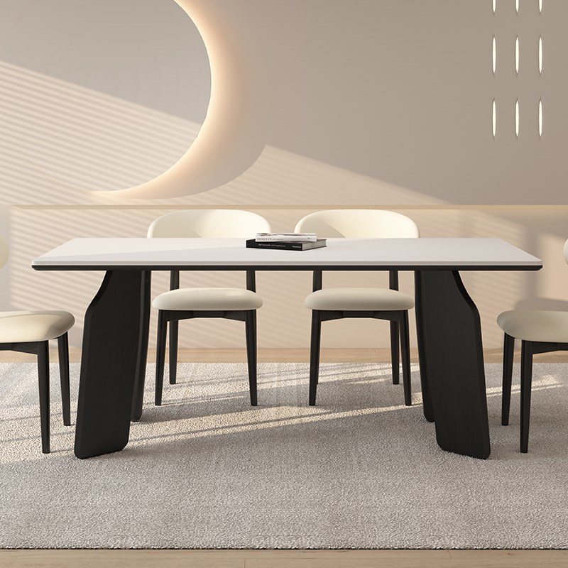 德利丰实木岩板餐桌家用小户型奶油中古风长方形黑色全托吃饭桌子