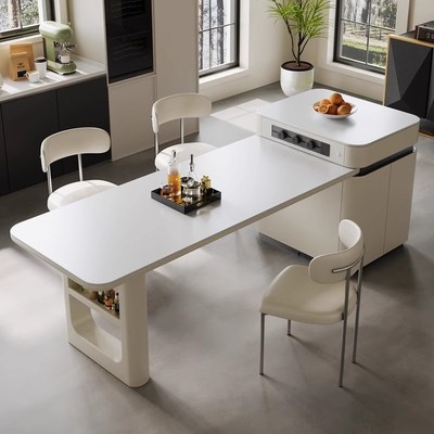 现代简约岩板岛台餐桌一体家用可伸缩带茶盘高级极简茶桌饭桌一体