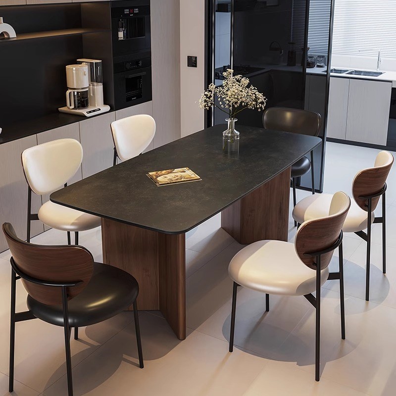 复古风黑胡桃色实木餐桌椅侘寂风长方形小户型岩板中古餐桌