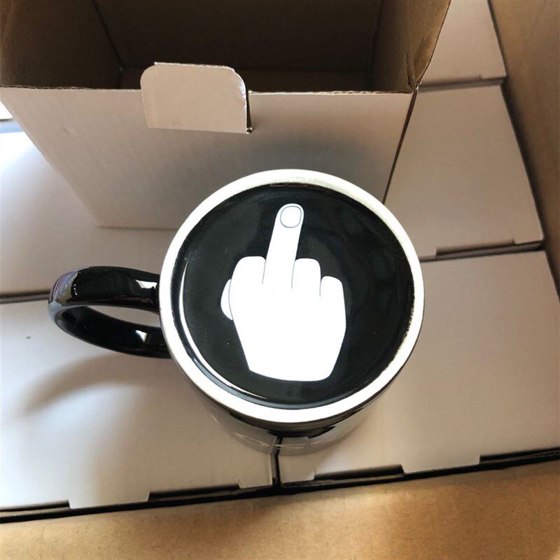 HAVE A NICE DAY黑色陶瓷杯中指杯 搞怪水杯茶杯创意咖啡杯送勺子