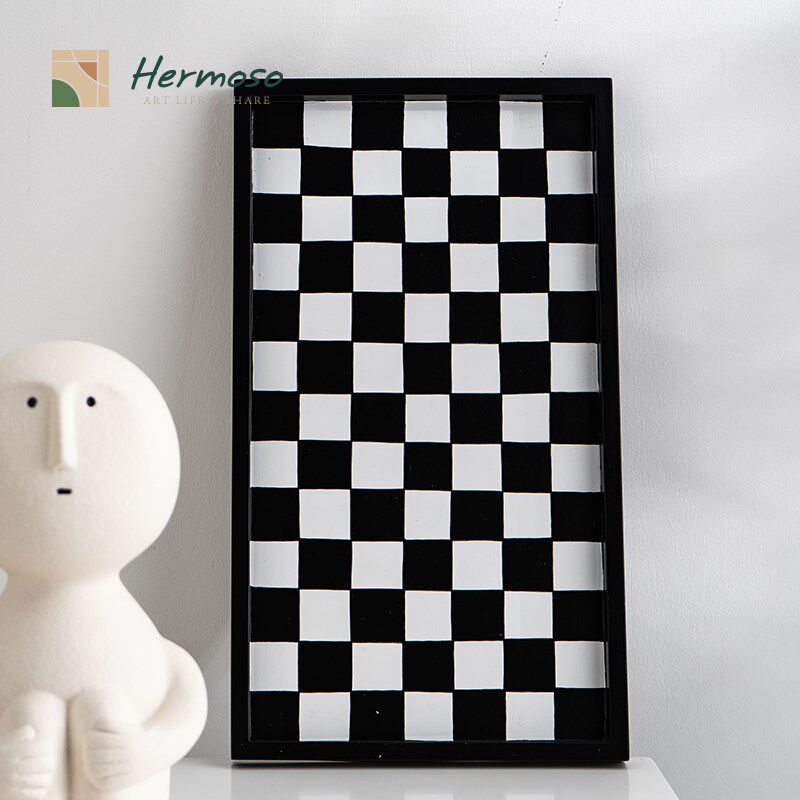 HERMOSO 方盘棋盘格托盘陶瓷盘子菜盘家用牛排餐盘鱼盘水果盘黑白