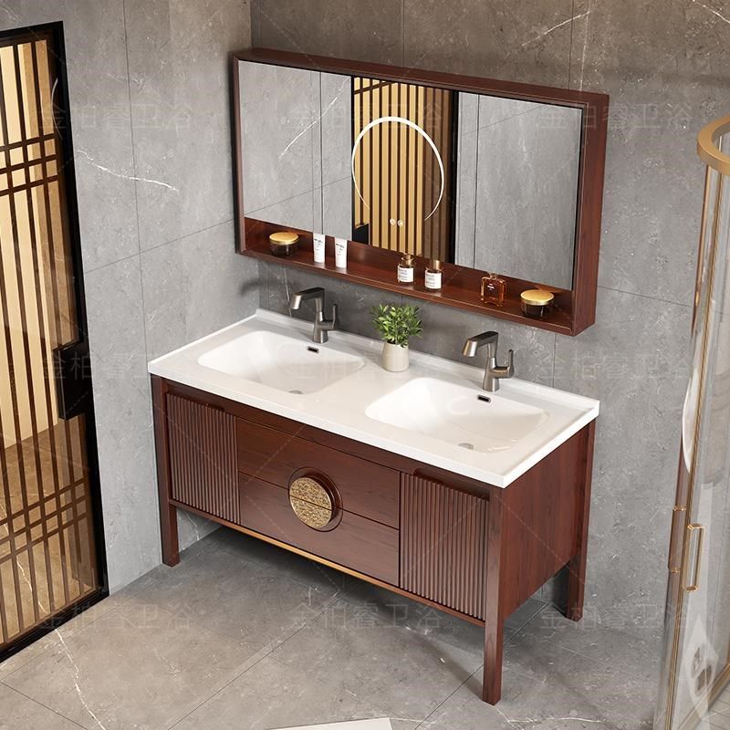 中式橡木浴室柜陶瓷一体盆2025新款落地式乌金木双盆洗手盆柜组合