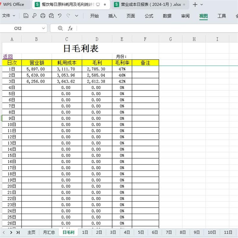 餐饮每日库存及耗用统计表营业成本毛利润日报表核算经营分析管控