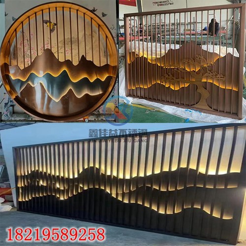 庭院圆形不锈钢假山定制酒店拉丝钛金花格隔断靠背景金属玄关格栅