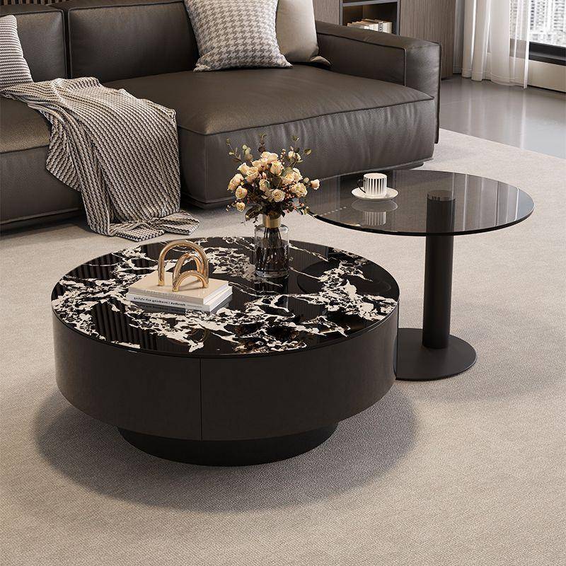 意式轻奢风玻璃圆形茶几组合家用客厅小户型现代新款高级茶桌简约