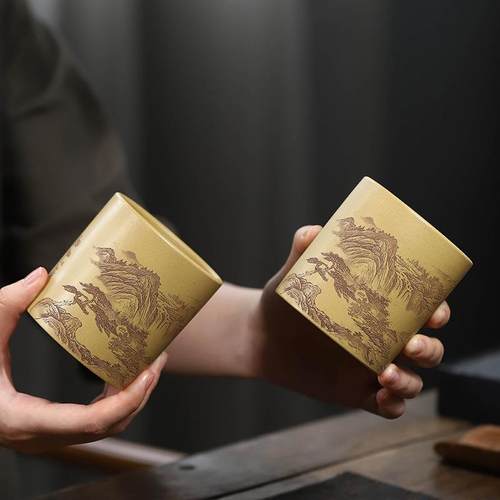 宜兴紫砂杯手工泥绘刻绘品茗杯山水主人杯原矿段泥 单个杯子245ml