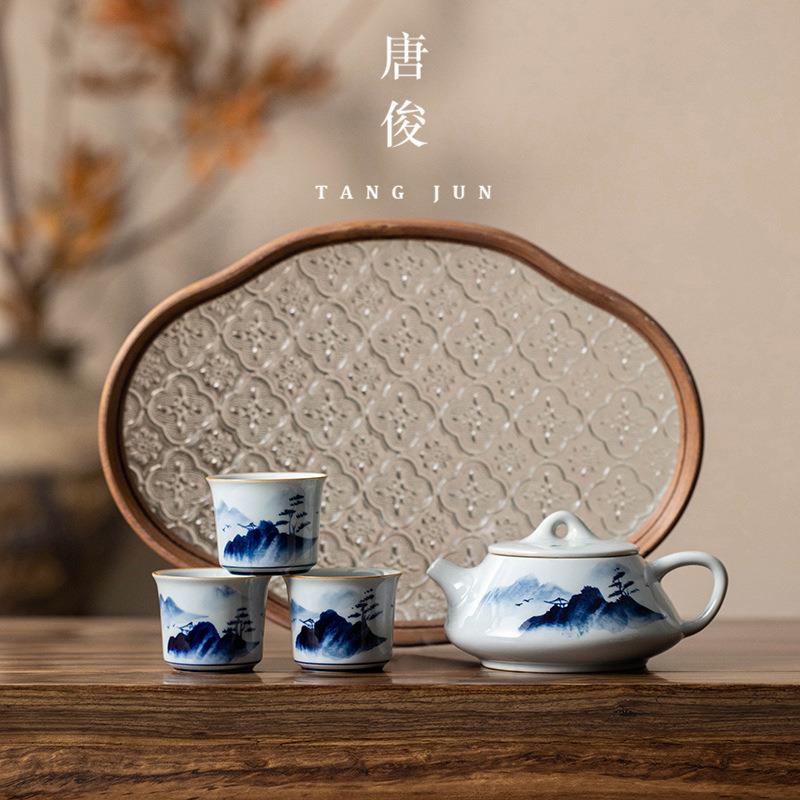 一壶二杯茶具套装手绘釉下彩小型茶盘小套家用泡茶壶新款简约干泡