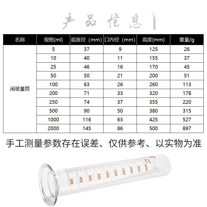 玻璃量筒1000ml化学实验器材直型刻度量杯小量筒5毫升工业计量杯