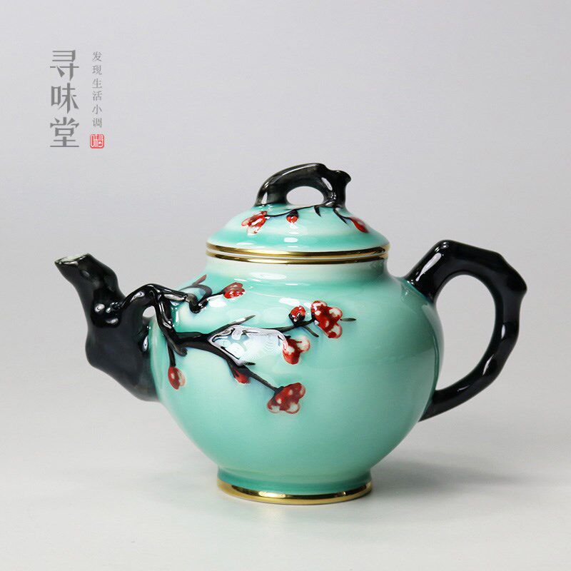 描金青瓷浮雕梅花壶唐月窑高档茶壶泡茶壶家用中式陶瓷功夫茶具