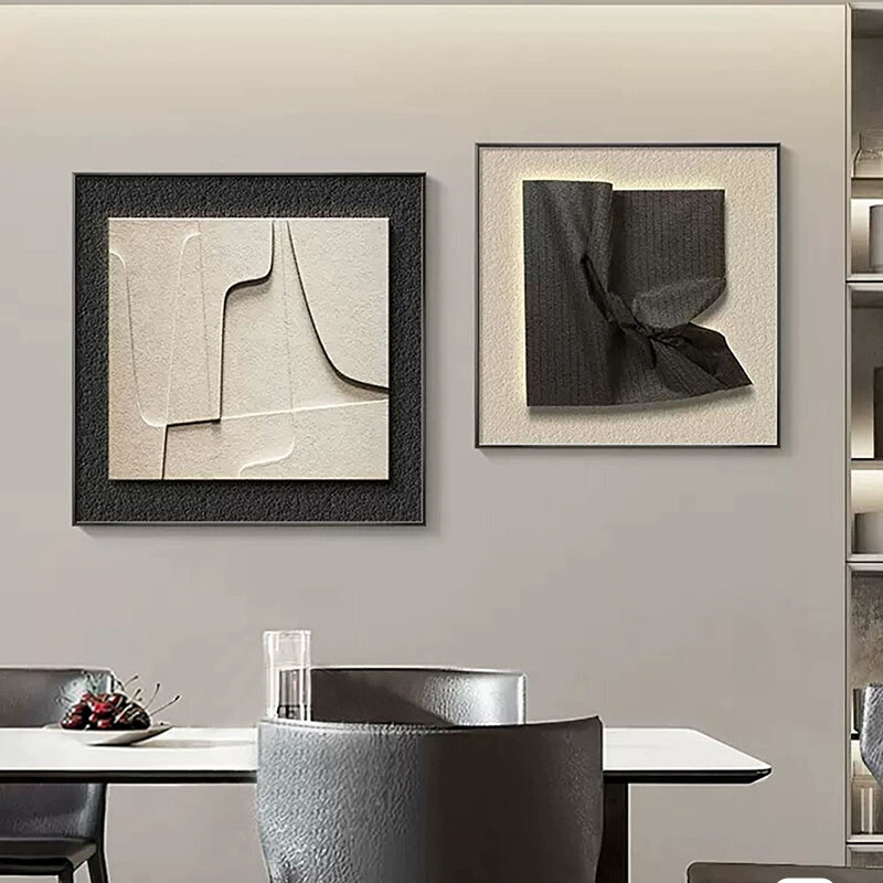 现代高级感餐厅装饰画正方形黑白组合画抽象几何壁画饭厅客厅挂画