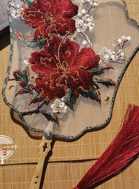 木槿花古风刺绣团扇单面绣花扇子新娘结婚喜扇仿古宫廷道具婚扇