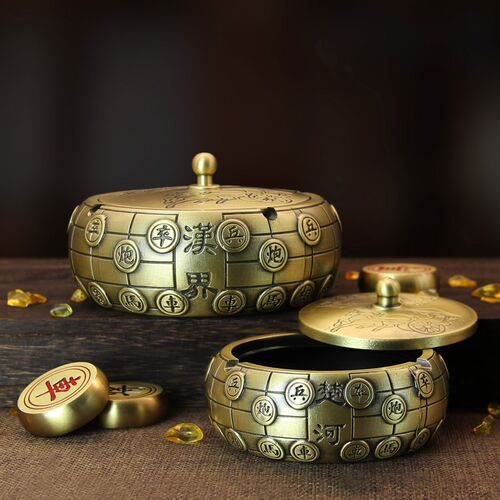 纯黄铜象棋烟灰缸财富满袋带盖烟缸客厅书房桌面办公室装饰品摆件