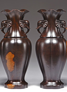 黑檀木雕大象装饰花瓶摆件实木质客厅插花中式玄关工艺礼品摆饰乔