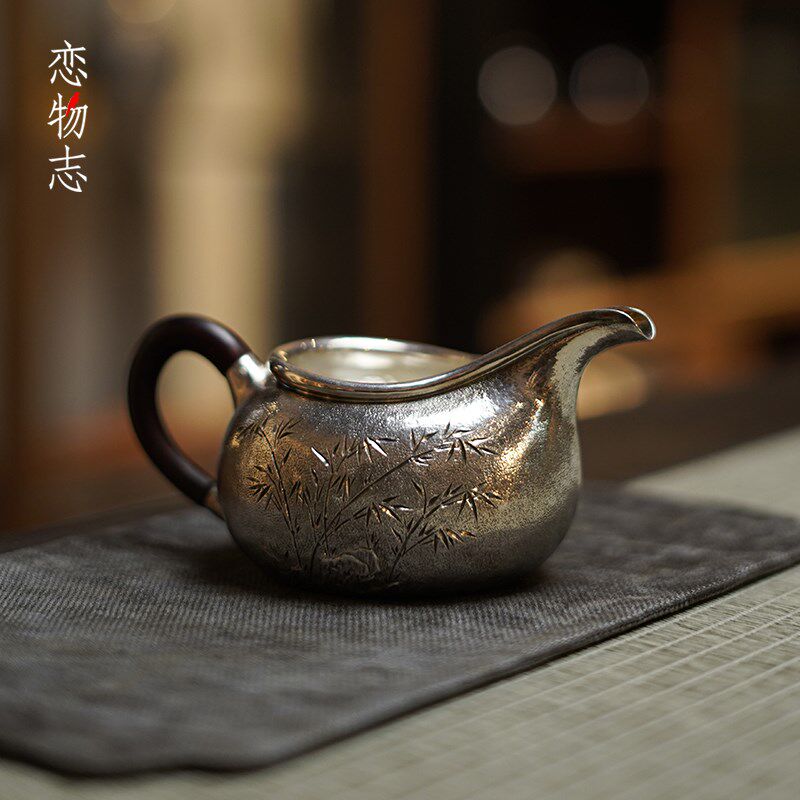 足银999纯手工一张打分茶器非遗张家松手作中式錾刻公道杯 墨竹