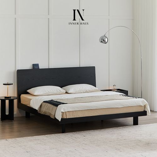 现代简约黑色实木床1米8双人床主卧家用复古大板床单人排骨架床架