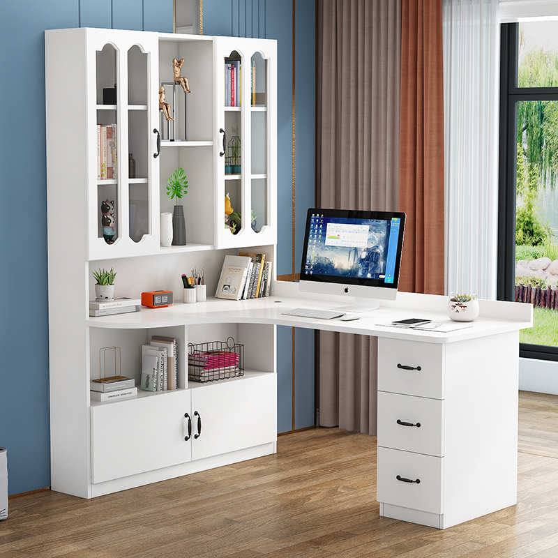 实木转角电脑桌书桌书架组合书柜一体桌家用学生写字桌儿童学习桌
