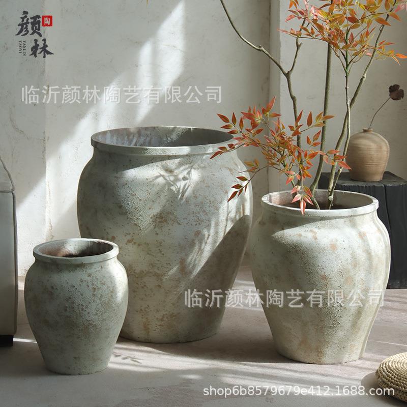 复古做旧水泥罐花盆大口径高款花器客厅橱窗售楼部商场装饰绿植盆