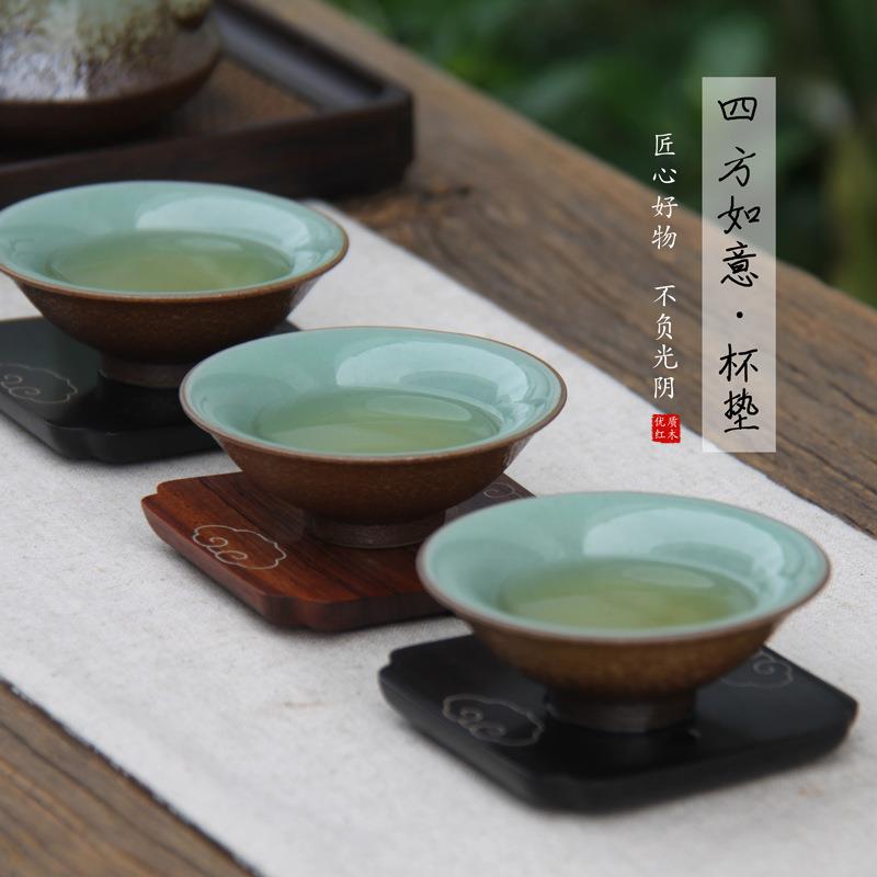 8*8cm中号东非酸枝紫光檀如四方如意纹雕刻中国古风茶具实木茶杯