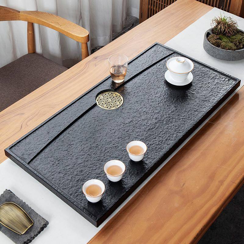 天然乌金石茶盘整块石头简约家用中式石材茶台大小号茶海茶具套装