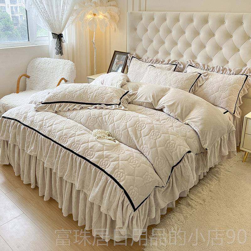 高档加冬厚牛奶绒全夹棉床裙款件套双面加绒珊被套四保暖法兰瑚绒,床上用品,床品套件/四件套/多件套,淘宝优惠券,粉丝福利购,淘宝优惠卷