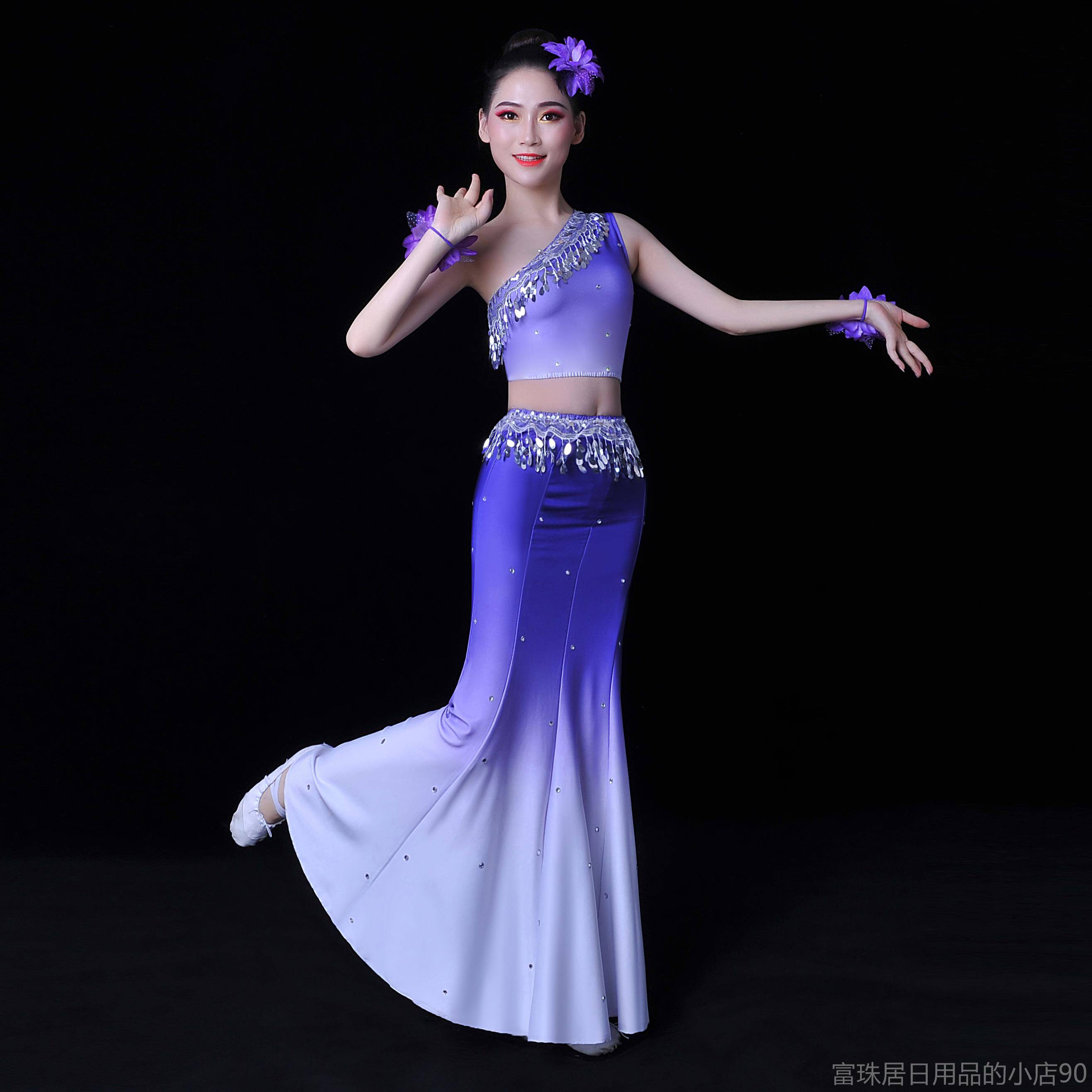 高档装成人族舞蹈考服装女艺修身演出服套儿童孔雀舞练功鱼傣尾裙