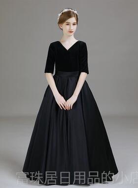 高档女童黑色袖演出服ALICI服NG品牌大提琴演奏会礼 钢琴演出主持