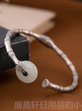 高档竹节玉妈平安扣镀银手镯活扣复古简约百饰搭泰银白工艺送妈银