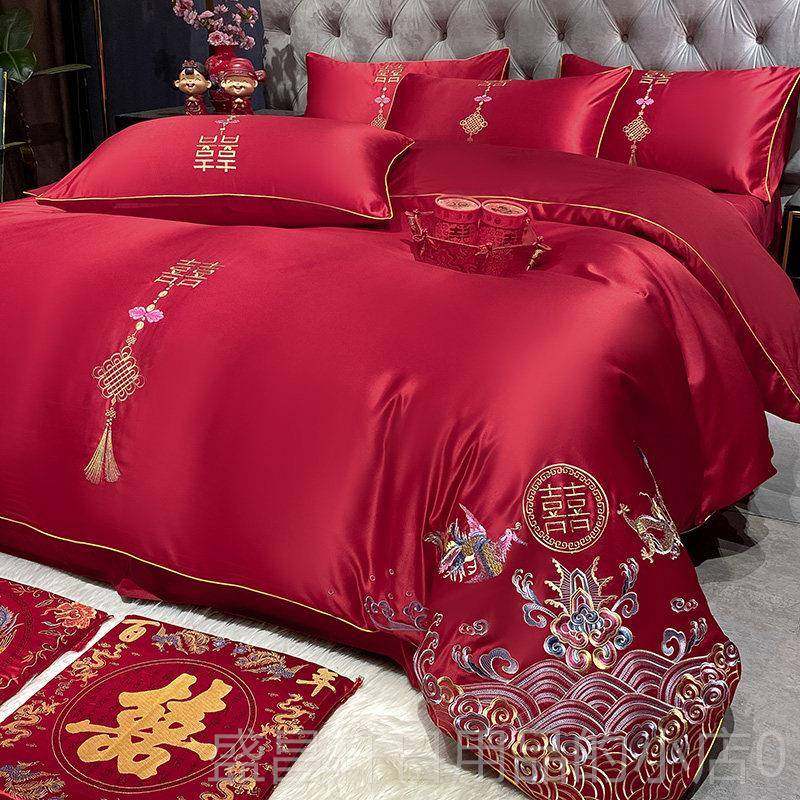 高档高档婚庆全棉件结婚大红色龙凤刺四绣被套纯棉喜婚被房床套上