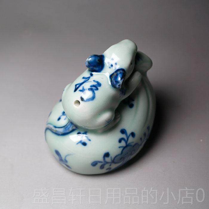 高档手绘青花工砚滴钱袋老鼠水滴书法砚磨台墨文房陶瓷器艺件摆礼