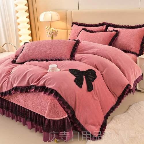 高档加厚牛奶绒婚四件套季珊瑚绒冬双面法兰绒结大红色蕾庆丝款被