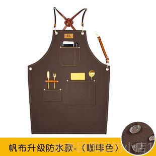 高档防水帆布黑厨色真皮LOO定制发咖啡师家美用房烘焙工作服牛G仔