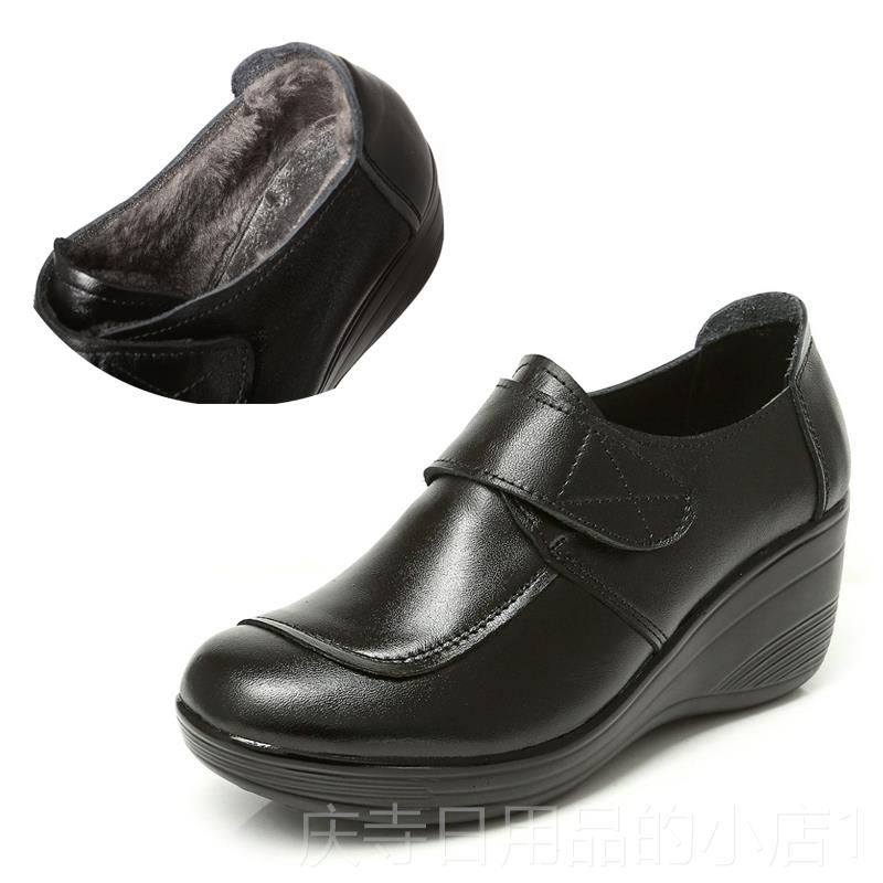 高档真皮跟女鞋深坡口厚魔术贴单鞋松糕棉底防水台妈妈皮鞋加绒低