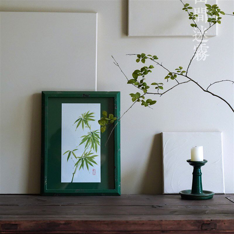 山间迷雾手绘竹子茶室挂画复古实木摆台中古风入户玄关家居装饰画