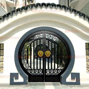 月亮门中式 徽派门对开门 庭院铁艺门圆形拱门圆门洞苏式