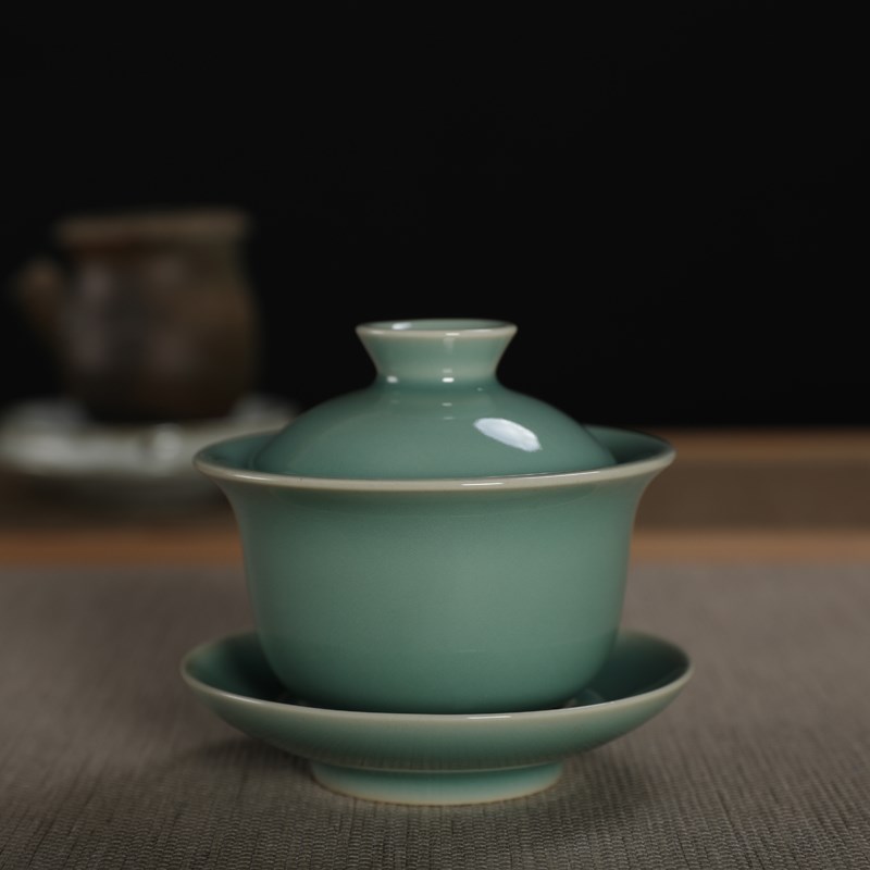 龙泉弟窑青瓷天青釉三才盖碗陶瓷功夫茶具茶碗泡茶碗茶杯大号套装